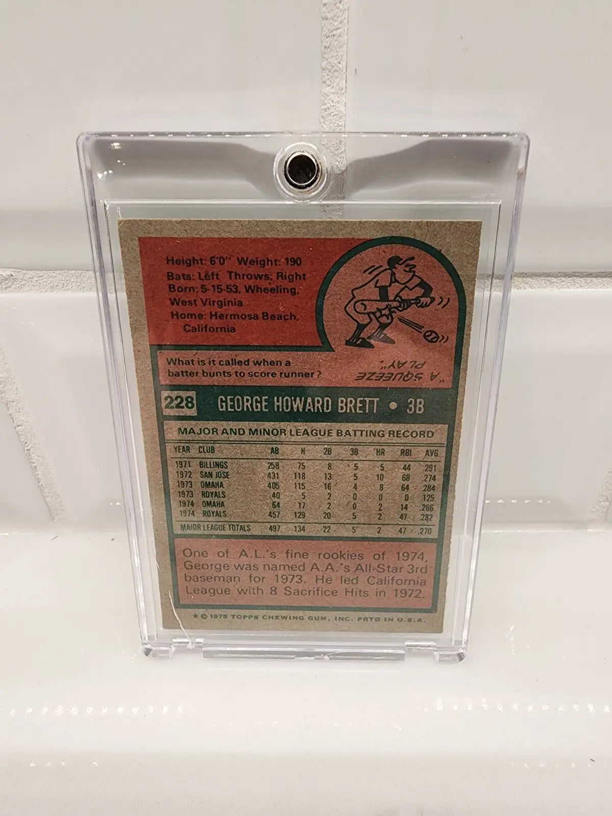 Encased vintage 1975 Topps George Brett rookie baseball card EX-MT condition