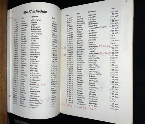 Open 1976-77 schedule book in the Houston Aeros Media Guide Yearbook