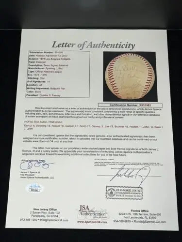 Letter of Authenticity for signed baseball from 1976 LA Dodgers with Steve Garvey’s autograph