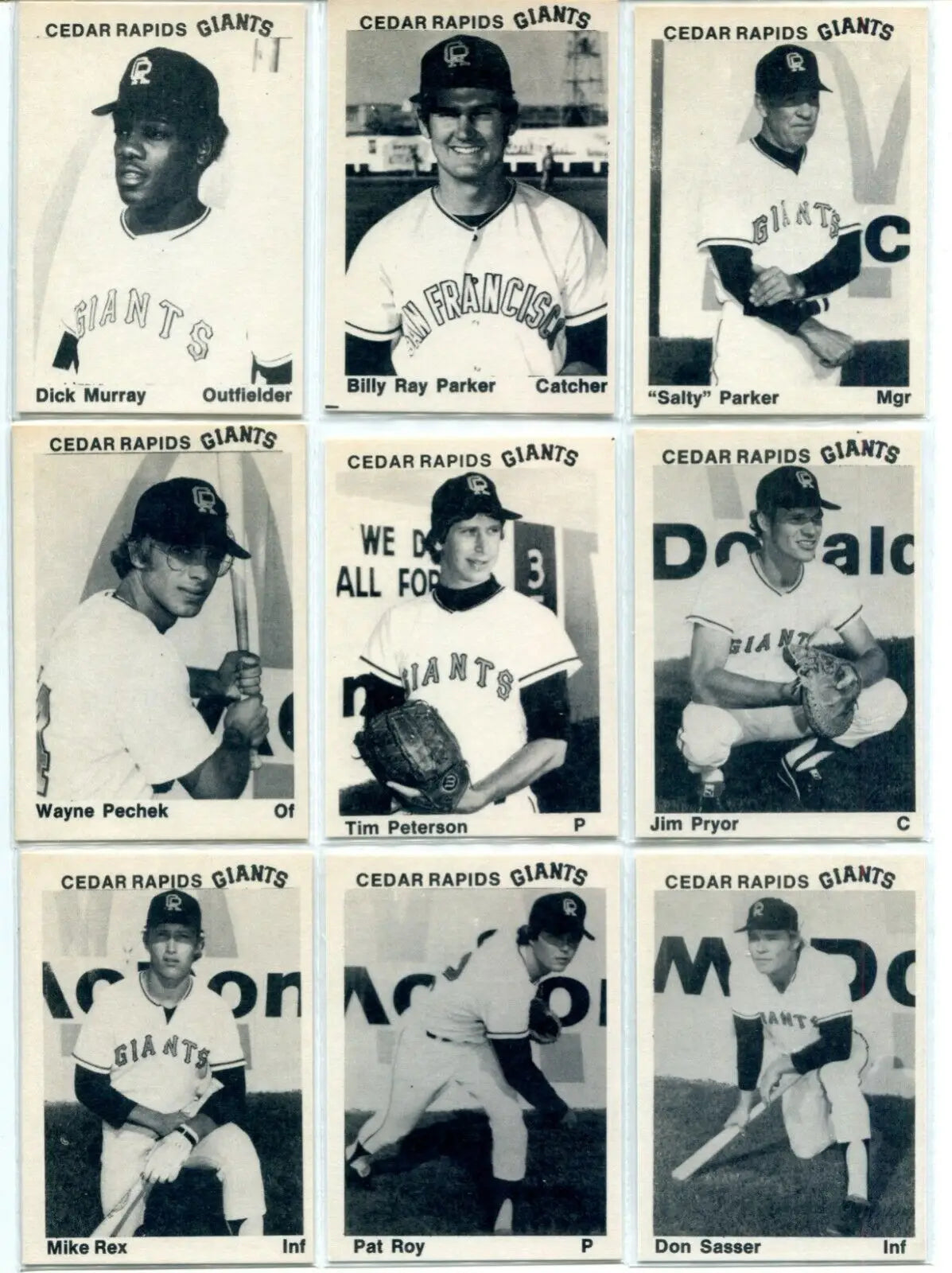 Vintage Cedar Rapids Giants baseball cards featuring Steve Grimes and Mark Woodbrey