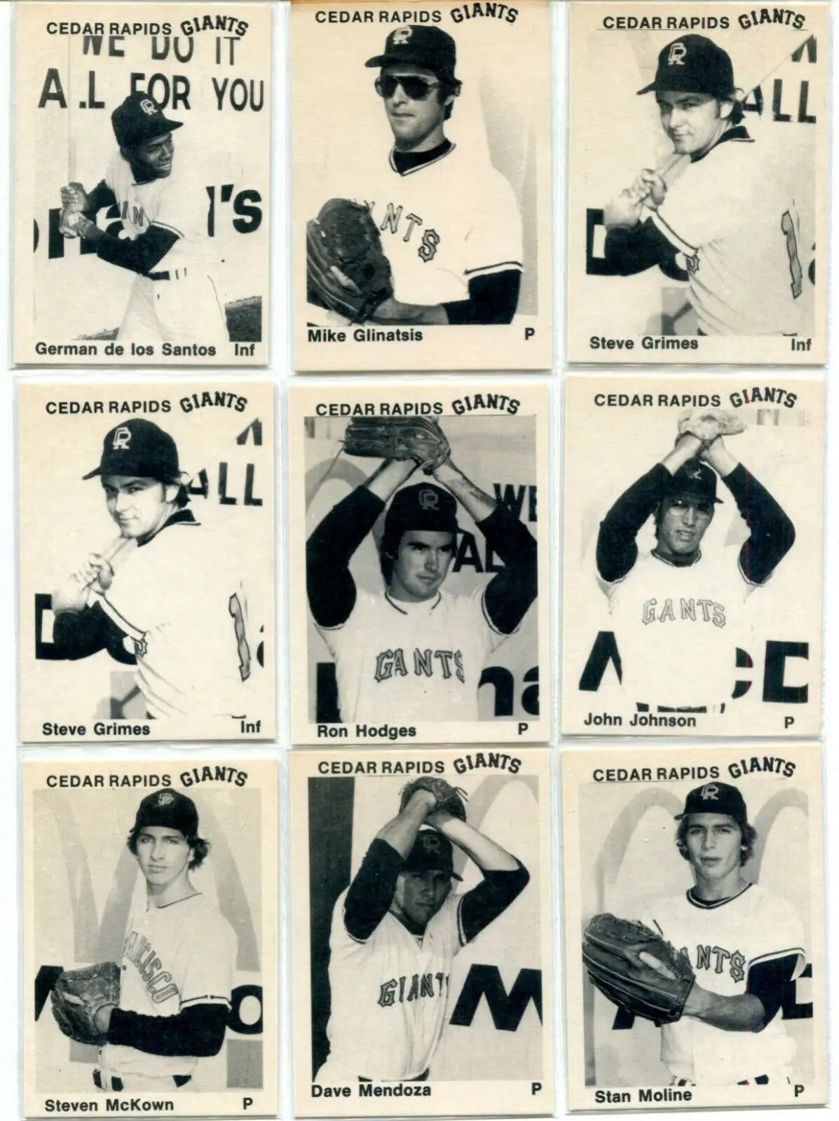 Vintage TCMA Cedar Rapids Giants baseball cards featuring Steve Grimes and Mark Woodbrey