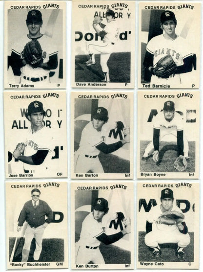 Vintage Cedar Rapids Giants baseball cards featuring Steve Grimes and Mark Woodbrey