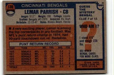 Lemar Parrish football card from 1976 Topps #135 showcasing Lemar Parrish football memorabilia