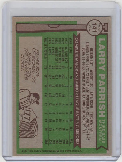 Larry Parrish Montreal Expos baseball card with player statistics from 1976 Topps EXMT