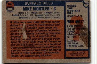 Buffalo Bills trading card featuring Mike Montler from 1976 Topps series