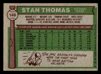 Vintage baseball card of Stan Thomas from the Texas Rangers 1976 Topps #148