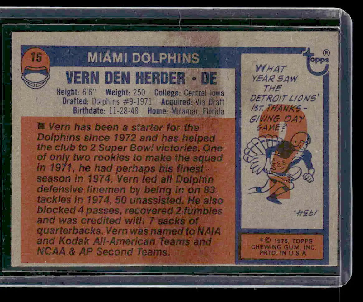 Vintage football trading card featuring Vern Den Herder from 1976 Topps #15