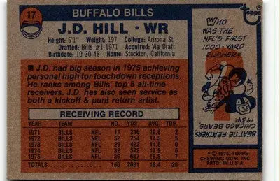 Vintage J.D. Hill football card from 1976 Topps featuring Buffalo Bills player