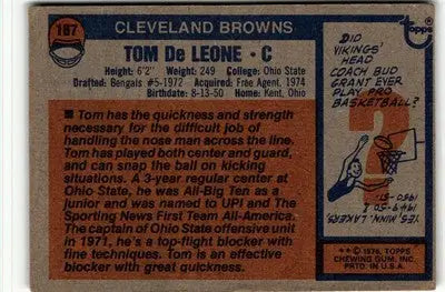 Vintage Tom De Leone football card featuring Cleveland Browns from 1976 Topps #187