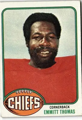 Emmitt Thomas football card from 1976 Topps #216 showcasing Kansas City Chiefs