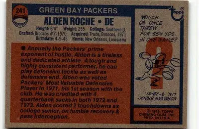 Vintage 1976 Topps Alden Roche football card featuring Green Bay Packers player