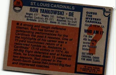 Football card featuring Ron Yankowski from the 1976 Topps Louis Cardinals collection
