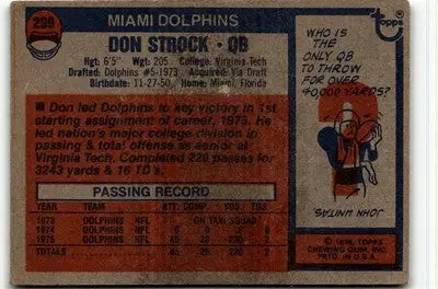 Vintage Don Strock football card from 1976 Topps #299 featuring Miami Dolphins memorabilia