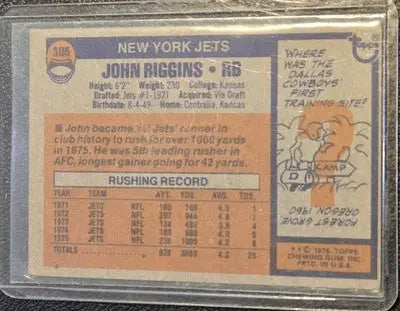 John Riggins football card from 1976 Topps #305 featuring New York Jets player