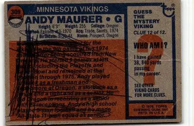 Vintage football card of Andy Maurer from the Minnesota Vikings 1976 Topps series