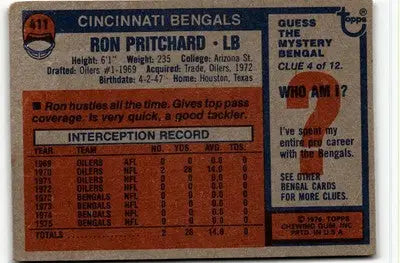 Vintage Ron Pritchard football card from 1976 Topps #411 featuring Ron Pritchard
