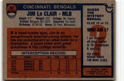 Jim Le Clair football card from 1976 Topps #52 featuring Cincinnati Bengals player