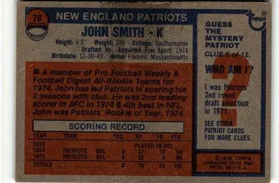 Vintage football card featuring John Smith from England Patriots, 1976 Topps #78