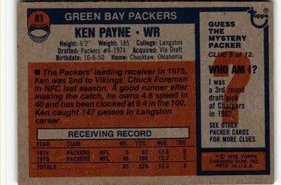 Vintage Ken Payne football card featuring Green Bay Packers from 1976 Topps #81