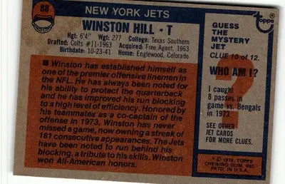Vintage Winston Hill football card from the 1976 Topps #88 York Jets collection