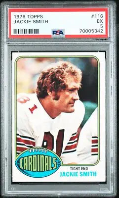 Graded 1976 Topps Jackie Smith football card in PSA 5 condition featuring Jacki Smith