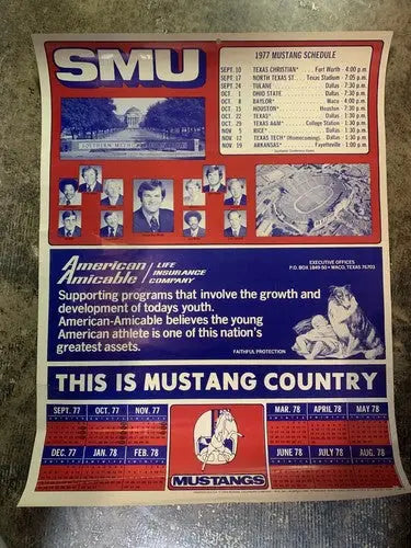 1977 SMU Mustangs Game Schedule Football Poster Ron Meyer American Amicable Life
