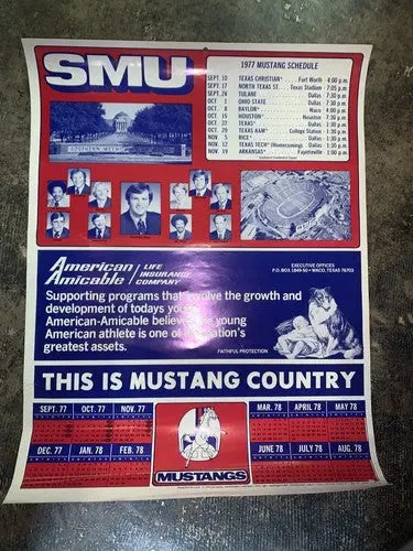 1977 SMU Mustangs Game Schedule Football Poster Ron Meyer American Amicable Life