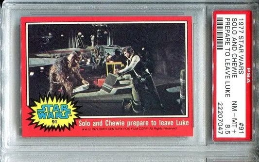 Graded Topps Star Wars trading card #91 Solo Chewie preparing to leave Luke PSA 8.5
