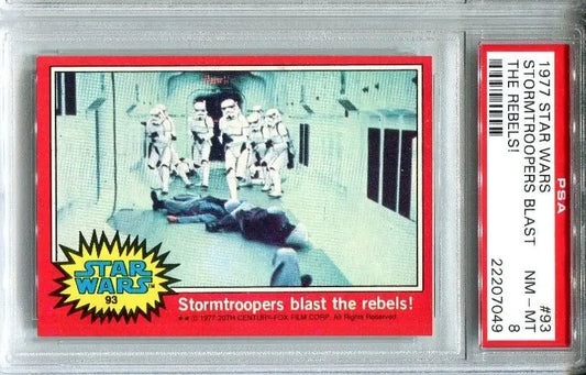 Graded Topps Star Wars Trading Card 93 featuring Stormtroopers vs Rebels PSA 8