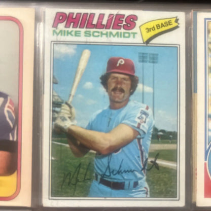 Mike Schmidt baseball card from 1977 Topps #140, showcasing Schmidt HOF legacy