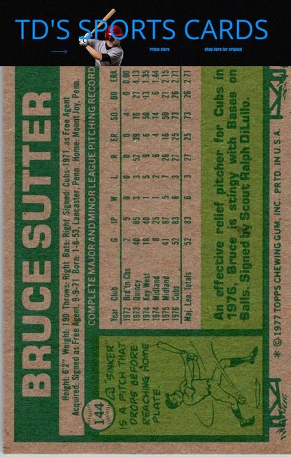 Vintage baseball card back of 1977 Topps #144 Bruce Sutter trading card