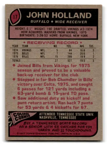 1977 Topps #17 John Holland football card with original gloss in excellent condition