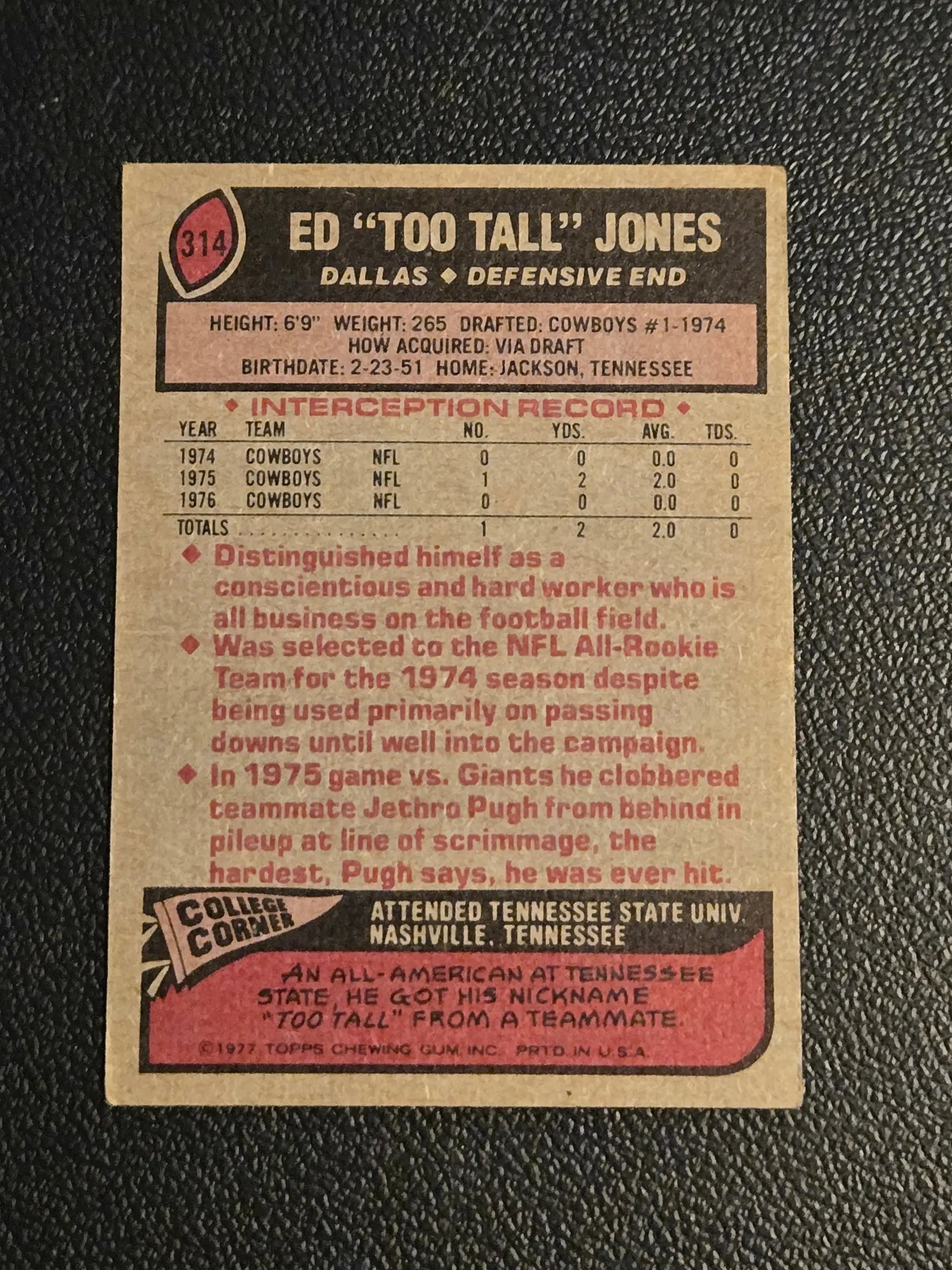 Vintage American football trading card of Tall Jones from 1977 Topps #314