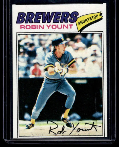 Baseball card of Robin Yount, Milwaukee Brewers shortstop in blue uniform