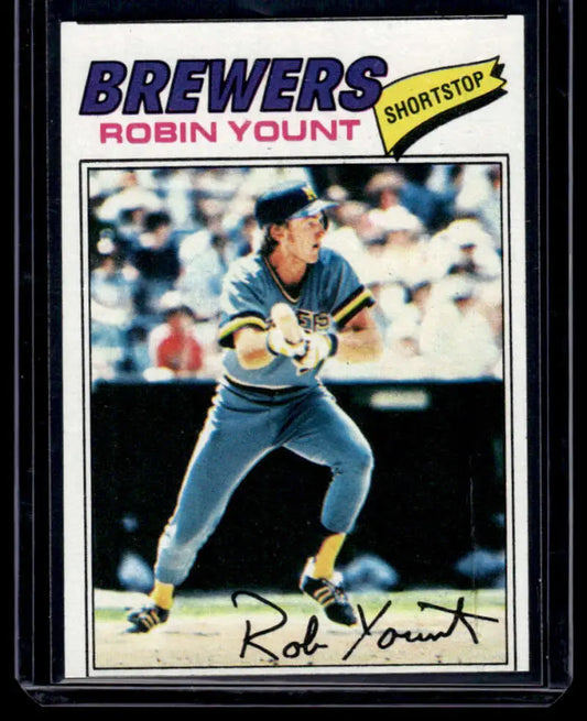 Baseball card of Robin Yount, Milwaukee Brewers shortstop in blue uniform