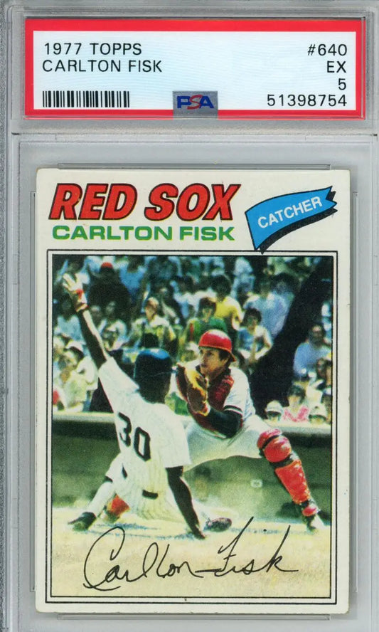 Graded 1977 Topps Carlton Fisk baseball card featuring Boston Red Sox player