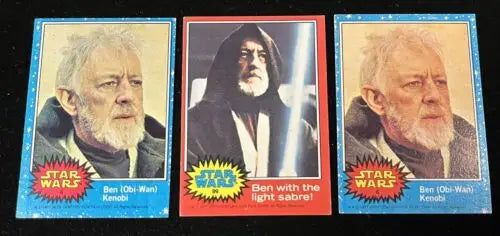 Three vintage Star Wars trading cards featuring Obi Wan Kenobi from 1977 Topps Series 1