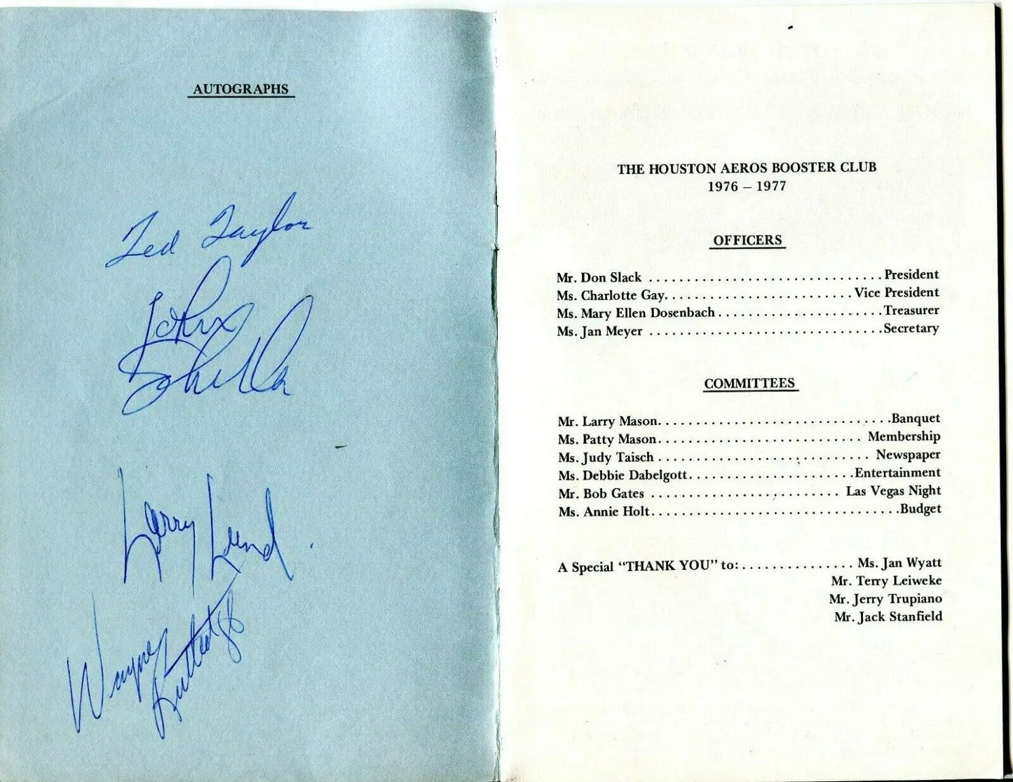 Autographed Houston Aeros Booster Club program featuring legends like Gordie Howe