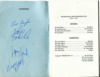 Autographed Houston Aeros Booster Club program featuring legends like Gordie Howe