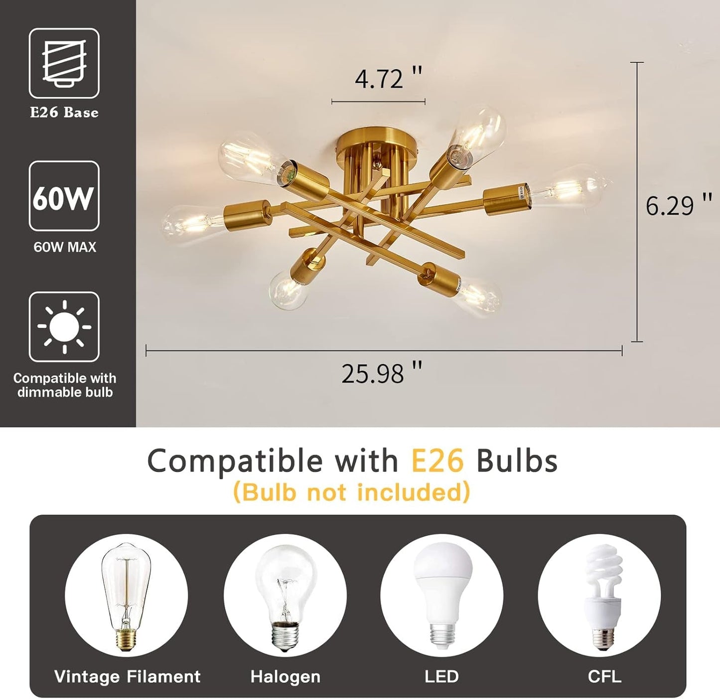 6-Light Gold Sputnik Chandelier Semi Flush Modern-2