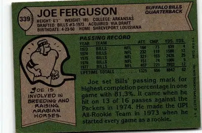 Vintage Joe Ferguson football card from 1978 Topps #339 featuring Joe Ferguson football memorabilia