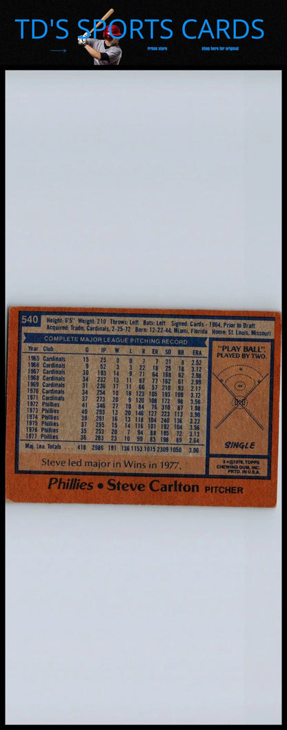 Back of 1978 Topps #540 Steve Carlton trading card showcasing player stats and details