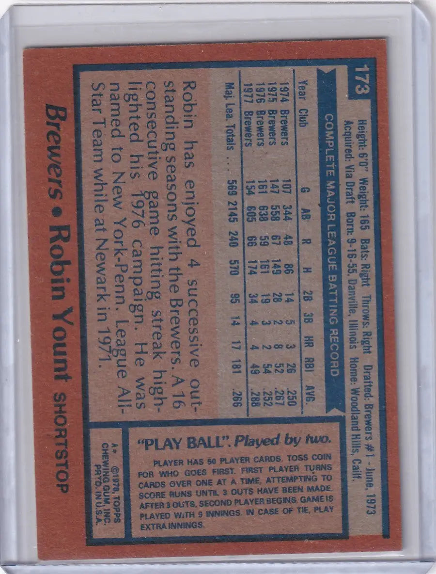 Vintage baseball card of Robin Yount from 1978 Topps Baseball series featuring Milwaukee Brewers