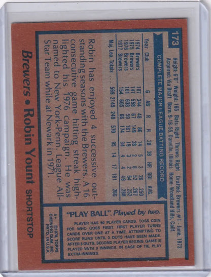 Vintage baseball card of Robin Yount from 1978 Topps Baseball series featuring Milwaukee Brewers
