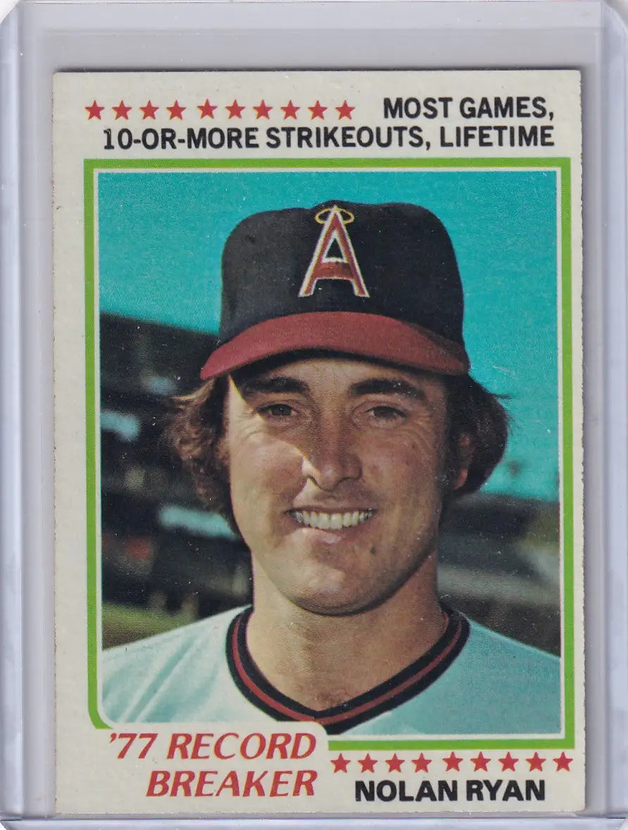 Vintage Nolan Ryan baseball card from 1978 Topps Baseball featuring record breaker image