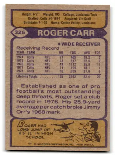 Roger Carr football card from 1979 Topps #325, excellent Colts, original gloss condition