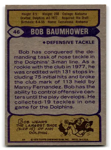 Bob Baumhower football card with original gloss from 1979 Topps Dolphins series