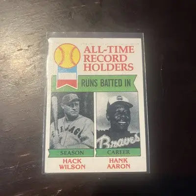 Baseball card featuring Hack Wilson and Hank Aaron from 1979 Topps record holders runs batted series