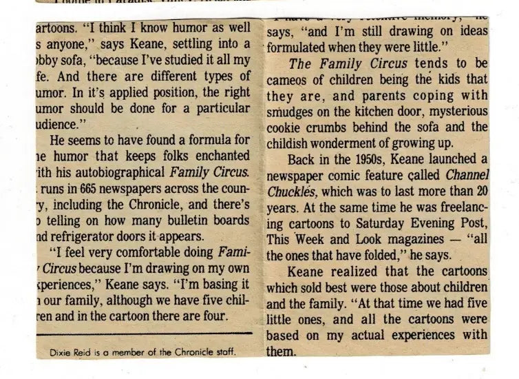 Newspaper article about The Family Circus comic in 1979 Topps Carl Mauck Houston Chronicle Football Card