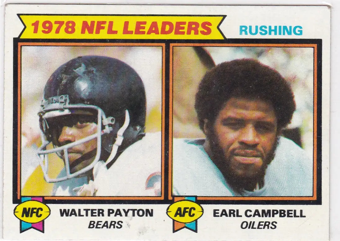 1979 Topps Rushing Leaders football card featuring Walter Payton and Earl Campbell